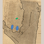 Fig. 10: Detail from Plan of the Town of Alexandria, D. C. by George Gilpin, published by I. V. Thomas, 1798. Library of Congress. The two green stars represent the locations of the Quaker meeting house and the Wilkes Street Pottery. The blue ovals represent the two free black neighborhoods: Bottoms and Hayti.
