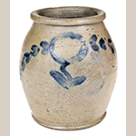 Fig. 20: Storage jar attributed to Thomas Valentive and retailed by Hugh Smith & Co., 1822–1825, Alexandria, VA. Impressed “H.SMITH & Co.” on side of body and impressed “T” on base. Salt-glazed stoneware with cobalt decoration; HOA: 7-3/4”. Private collection. Photo courtesy Crocker Farm Auctions, Sparks, MD.