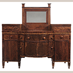 Fig. 6: Sideboard by John C. Burgner, 1817–1818 (lower case) and 1856 (mirror and upper glove drawers), Greene Co. or Washington Co., TN. Walnut and cherry with tulip poplar; HOA: 72-1/4”, WOA: 72”, DOA: 25”. Feet replaced. Private collection, photograph courtesy Brunk Auctions, Asheville, NC.