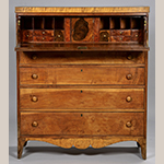 Fig. 9: Secretary desk by John C. Burgner, 1819, Greene Co. or Washington Co., TN. Cherry, maple, and walnut with yellow pine and tulip poplar; HOA: 50”, WOA: 43-1/4”, DOA: 18”. Collection of the Tennessee State Museum, photograph courtesy of Case Auction, Knoxville, TN.