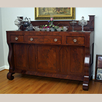 Fig. 35: Sideboard by John C. Burgner, 1839, Greene Co., TN. Mahogany and mahogany veneer with tulip poplar; HOA: 56-1/2”; WOA: 72-7/8”; DOA: 25-7/8”. Private collection, MESDA Object Database file D-32546.