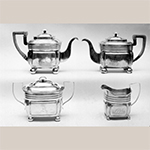 Fig. 20: Four-piece tea service marked by Asa Blanchard, 1808-1834, Lexington, KY. Silver; Coffeepot, HOA: 6-1/2”, WOA: 10-1/4”, DOA 5”; Teapot: HOA: 6”, WOA: 10”, DOA 4-3/4”; Sugar Bowl: HOA 5-3/4”, WOA: 8-1/8”, DOA 4-3/4”; Cream Pitcher: HOA 4-1/2”; WOA: 5-3/8”; DOA 3-1/2”. MESDA Object Database, file S-3311.