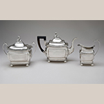 Fig. 28: Three-piece tea service marked by Anthony Rasch, 1814-1816, Philadelphia, PA. Silver; Teapot: HOA: 7-15/16”, WOA: 11”, DOA 5-5/16”; Sugar Bowl: HOA 7-3/16”, WOA: 8-3/8”, DOA 5-1/16”; Cream Pitcher: HOA 6-1/4”; WOA: 5-5/16”; DOA 3-1/16”. Collection of the Philadelphia Museum of Art, Acc. 2010-145-3, 2010, 145-2, and 2010- 145-1a,b; Gift of Robert T. Trump and Sandra S. Trump.