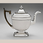 Fig. 32: Teapot marked by John McMullin, ca. 1821, Philadelphia, PA. Silver; HOA: 9”, WOA: 8-9/16”, DOA: 4-3/8”. Collection of the Philadelphia Museum of Art, Acc. 1995- 22-3, Gift of Julia B. Waxter in memory of her mother, Rachel Reaney Baldwin, and her grandfather, James Reaney, Jr.