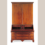 Fig. 4: Desk and bookcase signed by Jacob Sass, 1794, Charleston, SC. Mahogany and mahogany veneer with yellow pine, cypress, and white pine; HOA: 108”, WOA: 61-1/4”, DOA: 26”. Historic Charleston Foundation Acc. 2008.15.01; Collection fund purchase with contributions by Douglas H. Sass, Herbert R. Sass III, and Mary Witsell, and through prior gift of Lt. Gov. Nancy Stevenson. Photograph by Gavin Ashworth, NYC. MESDA Object Database file S-21103.