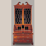 Fig. 7: Desk and bookcase attributed to the Martin Pfeninger Shop, 1770-1780, Charleston, SC. Mahogany and mahogany veneer with cypress, white pine, and yellow pine; HOA: 97-3/4”, WOA: 44-1/2”, DOA: 25”. Hofwyl-Broadfield Plantation Historic Site, Brunswick, GA (Georgia Department of Natural Resources). Photograph by Gavin Ashworth, NYC. MESDA Object Database file S-14657.