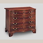 Fig. 9: Chest of drawers attributed to the Martin Pfeninger Shop, 1775-1782, Charleston, SC. Mahogany and mahogany veneer with mahogany, yellow pine, and cypress; HOA: 34”, WOA: 41-1/2”, DOA: 24-1/4”. Colonial Williamsburg Foundation Acc. 1980-149; Bequest of Gertrude H. Peck. MESDA Object Database file NN-1610.