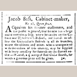 Fig. 10: Advertisement for the Jacob Sass Shop, South Carolina Weekly Gazette (Charleston), 19 December 1783.