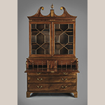 Fig. 12: Secretary bookcase attributed to the Jacob Sass Shop, 1790-1800, Charleston, SC. Mahogany and mahogany veneer with red cedar and white pine; HOA: 104”, WOA: 55-3/8”, DOA: 24-3/8”. MESDA Acc. 5775; MESDA Purchase Fund and Gift of Patty and Bill Wilson. MESDA Object Database file S-15325.