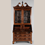Fig. 16: Desk and bookcase attributed to the Jacob Sass Shop, 1790–1800, Charleston, SC. Mahogany and mahogany veneer with white pine; HOA: 98-3/4”, WOA: 45”, DOA: 25”. Private collection. Photograph courtesy of Brunk Auctions. MESDA Object Database file S-14460.