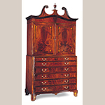 Fig. 22: Secretary linen press attributed to the Jacob Sass Shop, 1785-1795, Charleston, SC. Mahogany and mahogany veneer with cedrella, red cedar, white pine, and cypress; HOA: 82-3/4”, WOA: 55-3/4”, DOA: 28-3/4”. The John Rivers Collection, Charleston, SC. Photograph by Gavin Ashworth, NYC. MESDA Object Database file S-27076.