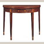 Fig. 24: Card table attributed to the Jacob Sass Shop, 1790-1795, Charleston, SC. Mahogany and mahogany veneer with white pine and black walnut; HOA: 28-1/2”, WOA: 36”, DOA (closed): 17-5/8”. Private collection. Photograph by Gavin Ashworth, NYC. MESDA Object Database file S-29218.