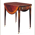 Fig. 27: Breakfast table attributed to the Jacob Sass Shop, 1790-1795, Charleston, SC. Mahogany and mahogany veneer with white pine, tulip poplar, and cherry; HOA: 28-1/4”, WOA (open): 40-1/4”, WOA (closed): 19-5/8”, DOA: 31-3/8”. The Kaufman Collection, Norfolk, VA. Photograph by Gavin Ashworth, NYC. MESDA Object Database file S-29219.