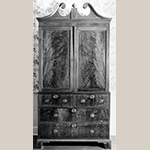 Fig. 30: Linen press, 1795-1805, Charleston, SC. Mahogany and mahogany veneer with cypress, tulip poplar, mahogany, and white pine; HOA: 93”, WOA: 47-1/4”, DOA: 22-3/4”. Private collection. MESDA Object Database file S-8344.