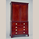 Fig. 38: Secretary linen press attributed to the John Gros Shop (ca. 1798-1804) or the partnership of Gros & Lee (1804-1807), Charleston, SC. Mahogany and mahogany veneer with red cedar, tulip poplar, yellow pine, and white pine; HOA: 94-3/4”, WOA: 50-1/2”, DOA: 23-3/4”. Colonial Williamsburg Foundation Acc. 1992-175,1. MESDA Object Database file S-14656.