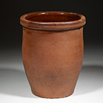 Fig. 9: Earthenware crock with lead-glazed interior probably made by John G. Coffman, 1850–1880, New Market, VA. Incised with an “X” on outside of body below the rim. HOA: 8-3/4" H, DIA (at rim): 7-1/4". Jeffrey S. Evans & Associates, sold 17 June 2017, lot 1027. Photograph by Will McGuffin.