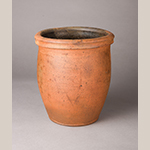 Fig. 7: Earthenware crock with manganese-glazed interior attributed to Abraham Spencer, 1860–1873, Strasburg, VA. Incised with an “A” on outside of body. Museum of the Shenandoah Valley, Acc. 2018-01-01.