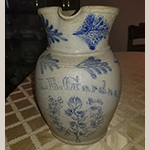 Fig. 16: Cobalt-decorated stoneware pitcher by James B. Gardner, 1867, Warren Township, Missouri. Inscribed "J.B. Gardner" and "1867." Collection of Jeff and Jill Plato. Photograph courtesy of Jeff Plato.