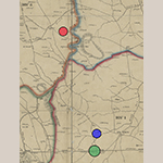 Fig. 11: Enlarged view of approximate locations of Sycolin Road pottery site (red circle), Charles Duncan’s property (green circle), and Lewis Gardner’s property (blue circle) seen in Fig. 10.