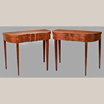 Fig. 7: Pair of games tables attributed to Porter Clay, 1800-1810, Lexington, KY. Cherry and cherry veneers with walnut, cherry, tulip poplar and light and dark wood inlay; HOA: 29-5/8”, WOA: 36-1/4”, DOA: 17-3/4”. Private collection; photograph by Bill Roughen. 