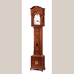 Fig. 8: Tall case clock with works by Ludwig Eberhard and case by the Stirewalt family of cabinetmakers, 1800–1810, Rowan Co., NC. Walnut with yellow pine and light wood inlay; HOA: 95”, WOA: 20”, DOA: 11”. MESDA, Acc. 3415, on loan from the family of Mrs. C. J. A. Stirewalt.