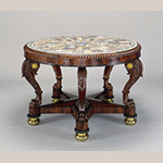 Fig. 12: Center table by Anthony Gabriel Quervelle (1789–1856), 1826–1830, Philadelphia, PA. While this table does not have a provenance it is identical to a marble-top center table documented as being owned by the Edward Coleman Family of Pennsylvania that was one of a pair. Mahogany and mahogany veneers with white pine, various marbles, and brass; HOA: 30-1/8", DIA: 46-3/4". Collection of the Baltimore Museum of Art, Acc. 1990.73; Friends of the American Wing Fund; Decorative Arts Acquisitions Endowment established by The Friends of the American Wing; and purchase with exchange funds provided by eighteen Donors.