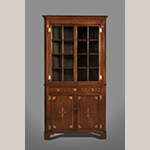 Fig. 6: Corner cupboard attributed to the shop of Hugh McAdams, 1800–1815, Washington Co., TN. Walnut with tulip poplar and lightwood inlay (probably holly); HOA: 92”, WOA: 48”, DOA: 29”. MESDA Collection, Acc. 5660.2.