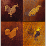 Fig. 40: Sampling of gamecock inlay from the corner cupboards illustrated (clockwise from top left) in Figs. 45, 43, 49, and 47.