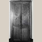Fig. 49: Corner cupboard, ca. 1810, Washington Co. or Greene Co., TN. Walnut with tulip poplar and lightwood inlay; HOA: 84” (feet missing), WOA: 38”. Private collection; MESDA Object Database file S-7380.