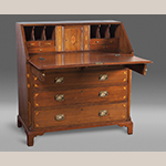 Fig. 56: Desk attributed to the shop of Hugh McAdams, 1800–1810, Washington Co., TN. Walnut with unidentified secondary woods; HOA: 43-5/8”, WOA: 41”, DOA: 22-1/8”. The Noe Collection, Speed Museum of Art, Acc. 2011.9.66, Louisville, KY; Gift of Robert and Norma Noe. Photography by Bill Roughen.