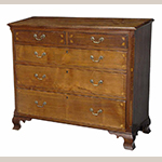 Fig. 62: Chest of drawers, 1800–1810, Washington Co., TN. Walnut with tulip poplar and lightwood inlay; HOA: 38”, WOA: 44”, DOA: 18-1/2”. Private collection; Photographs courtesy of Brunk Auctions, Asheville, NC.