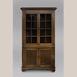 Fig. 73: Corner cupboard, ca. 1800 with later inlay additions, attributed to Greene Co., TN. Walnut with oak, yellow pine, chestnut and lightwood and darkwood inlay; HOA: 86-1/4”, WOA: 49-1/2”. Collection of the Tennessee State Museum, Acc. 78.19.249a, Nashville, TN.