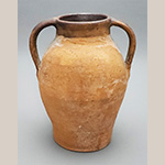 Fig. 21 Large storage jar attributed to either William F. James, William Alexander James, Cornell James, or another Huntsville area potter; Yadkin or Davie County, NC; nineteenth century. Lead-glazed earthenware; HOA 14 1/2˝. Author’s collection. Photograph by the author. The glaze has a dry, dark brown, rusty appearance resembling finishes on sherds collected from a Davie County pottery production site.