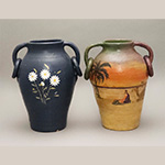 Fig. 25 Tall ring-handled jars attributed to William F. James, Farmington, Davie County, NC; ca. 1900-1939. Bisque-fired earthenware with cold-painted surfaces; HOA 13 12˝ (blue vessel); 13˝ (yellow vessel). Author’s collection. Photograph by the author. While some of James’ pottery was painted before being sold, their owners may have decorated these examples after they were purchased.