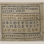 Fig. 4. Sampler by Diana Banta, ca. 1805, Pleasant Hill, KY. Silk thread on linen; HOA: 9-1/4”, WOA: 10-3/4”. Shaker Village of Pleasant Hill, Acc. 1993.9.2, gift in memory of Emma & Ella Hoagland, Pleasant Hill residents, 1874–1880, by their granddaughters, Jane Goodman and Jane Clark.