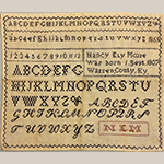 Fig. 8. Sampler by Nancy Ely Moore, 1859, South Union, KY. Cotton thread on linen; HOA: 6”, WOA: 7-1/8”. Western Reserve Historical Society, Acc. 41.1761, gift of W. H. Cathcart.