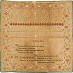 Fig. 11. Sampler by Ellen Miles Lancaster, 1837, Loretto, Hardin’s Creek, KY. Wool thread on linen; HOA 17-3/4”, WOA 17-3/4”. Private collection.