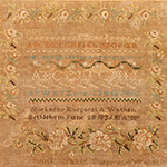 Fig. 15. Sampler by Margaret A. Wathen, 1836, Elizabethtown, Hardin Co. ,KY. Silk thread on linen; HOA: 16-1/2”, WOA: 17-1/4”. Leslie B. Durst Collection; photograph by Rebekah Johnson.