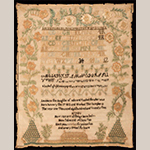 Fig. 30. Sampler by Louisiana Shrader, 1825, Louisville, KY. Silk and crinkled silk embroidery threads on linen; HOA: 22”, WOA: 18-1/4”. Colonial Williamsburg, Acc. 2002-21.