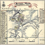 Fig. 6: "Bethania in Wachovia" by Philip Christian Gottlieb Reuter, 1759–1763, Wachovia area, NC. Watercolor and ink on paper; HOA: 16-7/8”, WOA: 9-1/4”. Unity Church Archives, TS Mp.207.12.b, Herrnhut, Germany; MESDA Object Database file NN-1842.