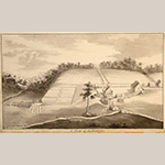 Fig. 7: "A View of Bethabara" by Nicholas Garrison Jr., 1757, Wachovia area, NC. Ink on paper; HOA: 11-13/16”, WOA: 18-1/2”. Unity Church Archives, Bd.2.44.a, Herrnhut, Germany. MESDA Object Database file S-990.