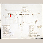 Fig. 10: Salem congregation pottery highlighted in red on "Town Plan of Salem," unknown artist, 1798–1800, Salem, NC. Ink on paper; HOA 8-1/16”; WOA 9-7/8”. Old Salem Museums & Gardens, Acc. 5319.