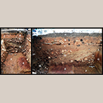 Fig. 21: Bisection of the demolished and backfilled remains of Rudolph Christ’s 1793 small kiln and shed on Lot 38 (Feature 13). East profile (left) and south profile (right). Figure shows: A) current ground surface and humus layer, B) clay landscaping fill with brick scatter, C) compacted work surface, D) multiple zones of feature fill, E) fired clay subsoil with fragments of decomposed brick, F) bottom of builder’s/demolition trench, G) sterile clay subsoil, H) disarticulated, carbonized, and vitrified kiln bricks, I) original ground surface.