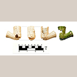 Fig. 26: Reconstructed anthropomorphic “Indian” stub-stemmed tobacco pipes in bisque (left) and green lead glaze (right) recovered from Feature 13.