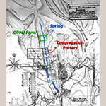 Fig. 33: Peter Oliver’s farm (in green), spring (in blue), and Salem congregation pottery (in red. The location of the farm and spring were identified in 2017 by Martha Hartley, Director of Moravian Research at Old Salem Museums & Gardens. Locations shown on a detail from "Map of the Salem Territory" by Philip Christian Gottlieb Reuter, 1774, Salem, NC. Ink on paper; HOA: 39-1/4”, WOA: 36-7/8”. Moravian Church Archives, Southern Province, Winston-Salem, NC. MESDA Object Database file S-14124.