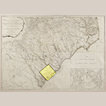 Fig. 2: Charleston District highlighted on “An Accurate Map of North and South Carolina with their Indian Frontiers…,” surveyed by Henry Mouzon and Louis Delarochette, engraved by Samuel Turner, published by Robert Sayer and John Bennett, 1775, London, UK. HOA: 40”, WOA: 57-1/2”. MESDA Acc. 3024.3; Gift of Frank L. Horton.