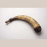 Fig. 39: Powder horn made by Thomas Simpson for Gasper Mansker, 1791, Sumner Co., TN. Cow horn, maple, silver, and iron. Hankla Collection; on loan to MESDA, Acc. 5885.5.