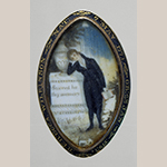 Fig. 7: Mourning broach, 1793, Virginia. Painted on base of monument: “Sacred by / thy memory” and inscribed on the bezel: “REBECCA WILKINSON NAT: 7 MAY 1771 OB: 23 JAN 1793.” Watercolor on ivory with metal; HOA: 1-13/16”, WOA: 1-1/8”. Private collection; MESDA Object Database file S-15318.