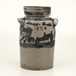 Fig. 1: Butter churn, Thomas Mitchel Chandler Jr. (1810–1854), 1829, Baltimore, MD. Inscribed on bottom: “Thomas M. Chandler / Maker / Baltimore/ August / 12 / 1829." Salt-glazed stoneware with cobalt decoration; HOA: 10-3/4", WOA: 7". MESDA, The William C. and Susan S. Mariner Collection, Acc. 5813.47.