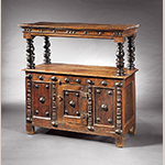 Fig. 6: Court cupboard, 1650-1670, James Co. or York Co., VA. Oak, yellow pine, and walnut; HOA: 49-7/8”, WOA: 50”, DOA: 18-7/8”. MESDA Acc. 2024.6, Gift of Frank L. Horton.